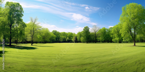 Beautiful and large manicured lawn surrounded by trees and bushes on a bright summer day