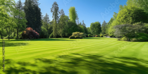 Beautiful and large manicured lawn surrounded by trees and bushes on a bright summer day