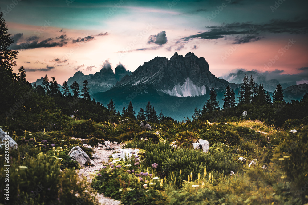 custom made wallpaper toronto digitalHiking trail at Sorapis lake with mystic view on Cadini di Misurina in the background in the evening. Lake Sorapis, Dolomites, Belluno, Italy, Europe.