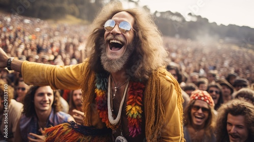 Vintage Groove: '70s Hippie's Laughter Echoes through the Festival. A Retro Vibe, Celebrating Music, Love, and Togetherness.