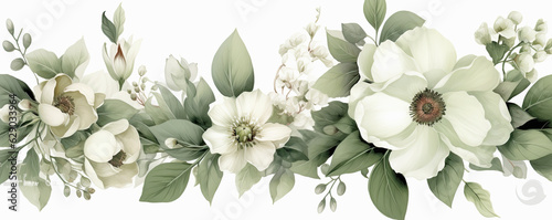  fondo blanco con cenefa flores blancas y hojas verdes. Concepto invitaciones para celebraciones, aniversarios, cumpleños y bodas