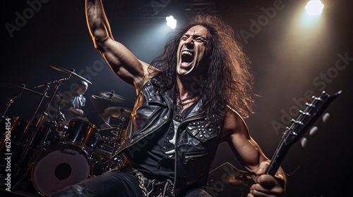 Thrash Metal Mania: Hispanic Man Rocking the Mid-'80s Style, Shredding the Guitar with Fiery Passion. Rock on!