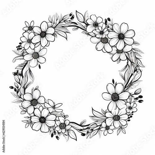 Decorative frame with a floral motif  black and white image  stylized as vector graphics  image without shadows 