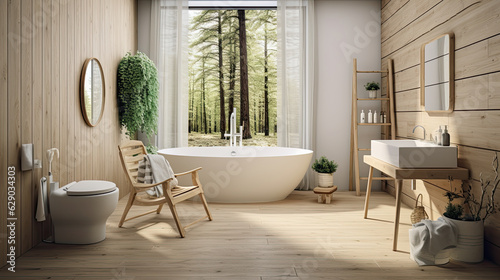 Cuarto de baño moderno con azulejos y madera en tonos claros, ilustracion de ia generativa