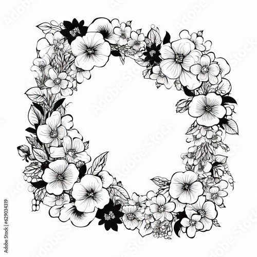 Decorative frame with a floral motif, black and white image, stylized as vector graphics, image without shadows,