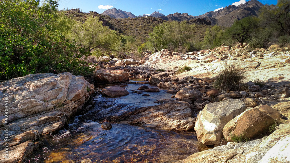 Flowing Clear River Stream Meandering Through Arizona Rocky Beds Against Beautiful Nature Mountain Landscape Flowing Clear River Stream Meandering Through Arizona Rocky Beds Against Beautiful Nature Mountain Landscape