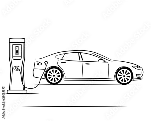 Modern electric car and charging station, abstract silhouette on white background. Vehicle icons set view from side. A hand drawn line sedan. EPS 10