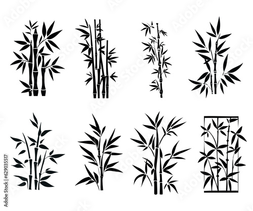 Fototapeta Naklejka Na Ścianę i Meble -  Bamboo stems with leaves black silhouette, tropical plants vector set