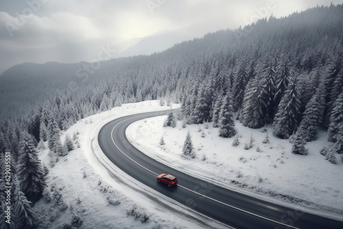 The car rides in the forest on a snowy road in winter.  Generative AI. © LeveL4