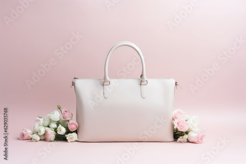 Classic women's white handbag decorated with fresh spring flowers isolated on a light pastel pink flat background with copy space. 