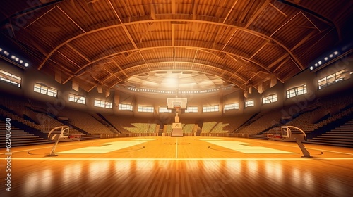 Interior view of an illuminated basketball stadium generative ai