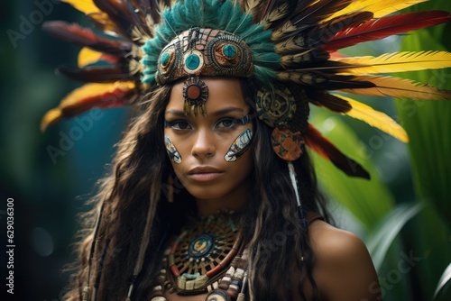 Beautiful woman indigenous portrait of tribal Amazon . Looking serious at camera. © ChaoticMind