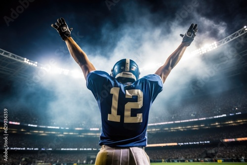 American Football Player Scores a Touchdown.American football player celebrates scoring a touchdown in front of a roaring stadium crowd photo