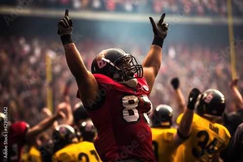 American Football Player Scores a Touchdown.American football player celebrates scoring a touchdown in front of a roaring stadium crowd
