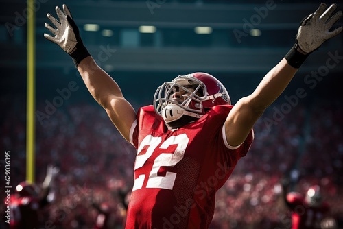 American Football Player Scores a Touchdown.American football player celebrates scoring a touchdown in front of a roaring stadium crowd