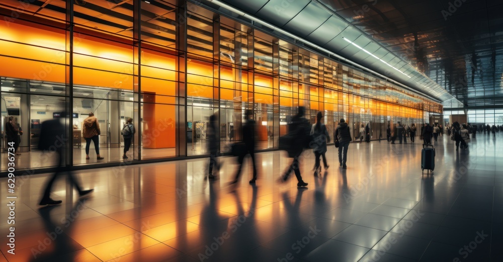 In this dynamic scene, travelers are captured in a state of hurry within a bustling airport terminal, encapsulating the vibrant atmosphere of constant movement and excitement of travel