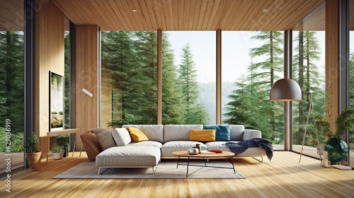 Lounge near glass window in bright living room of modern generative ai © fitriyatul