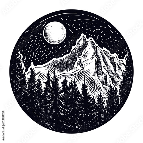 mountains and forest night landscape with a moon illustration emblem