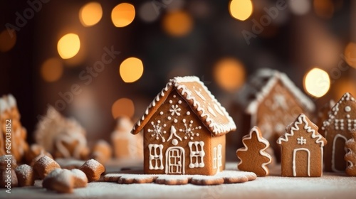 gingerbread house with powdered sugar for Christmas on festive background. holiday concept. 