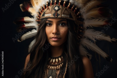 A woman wearing a headdress with feathers on her head