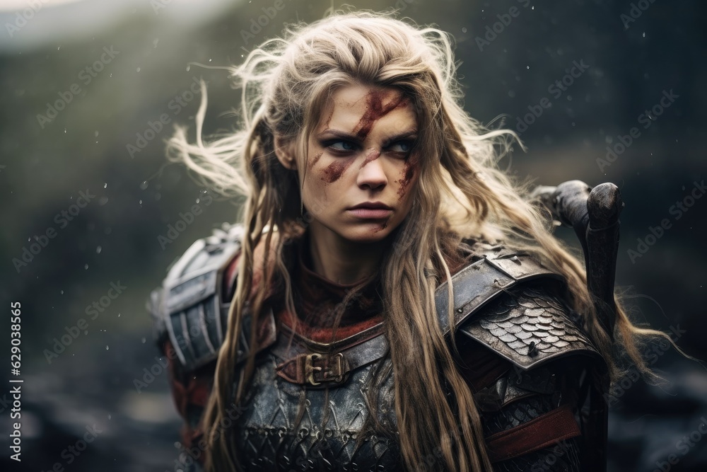 Portrait of an ancient female viking warrior with blonde hair, metal ...