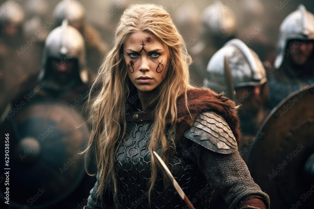 Portrait of an ancient female viking warrior with blonde hair, metal ...
