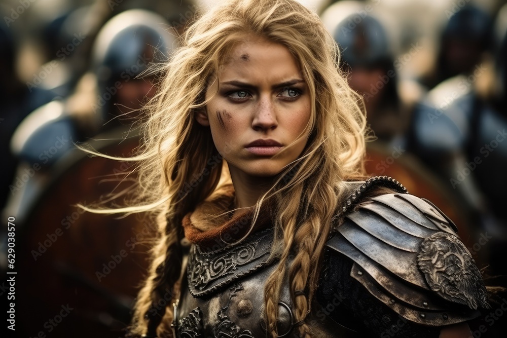 Portrait of an ancient female viking warrior with blonde hair, metal and leather armor stained with mud and blood. Fighting pose. Portrait of an ancient female viking warrior with blonde hair, metal and leather armor stained with mud and blood. Fighting pose.