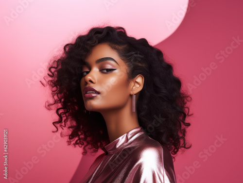 Fotografia beautiful black woman against pink background, black fashion shoot portrait