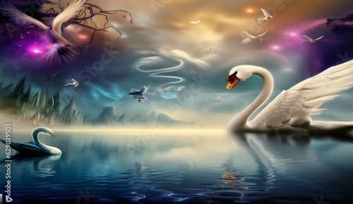 Cisne en un paisaje de fantasía.