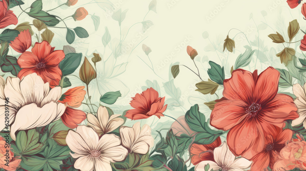 Flowers, floral, background, border frame , flat lay, top view, copy space, mock up, illustration Flowers, floral, background, border frame , flat lay, top view, copy space, mock up, illustration