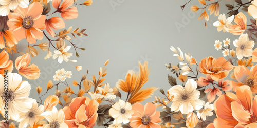 Flowers, floral, background, border frame , flat lay, top view, copy space, mock up, illustration