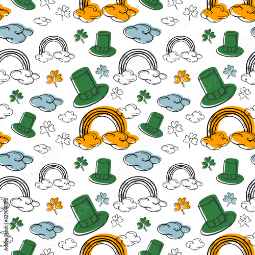 Vector seamless pattern for St. Patrick's Day celebration. Rainbows, many clouds, leprechaun top hats, hand drawn small clover leaves. Traditional elements. Festive print for advertising layout design