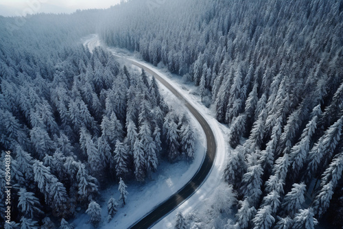 The car rides in the forest on a snowy road in winter. Generative AI.