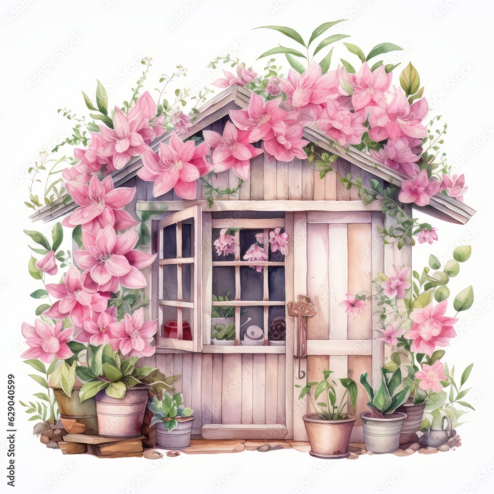 Watercolor wooden house with flowers. Hand drawn illustration 