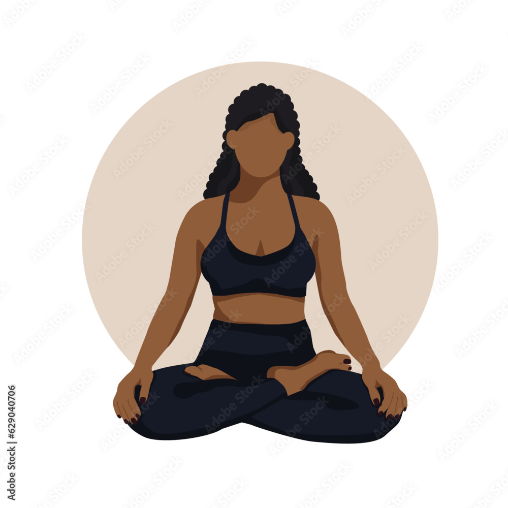 Young faceless black woman practicing yoga. Cartoon vector flat illustration. Woman with dark skin practicing lotus asana on isolated background. Beautiful African lady on neutral earthy colors
