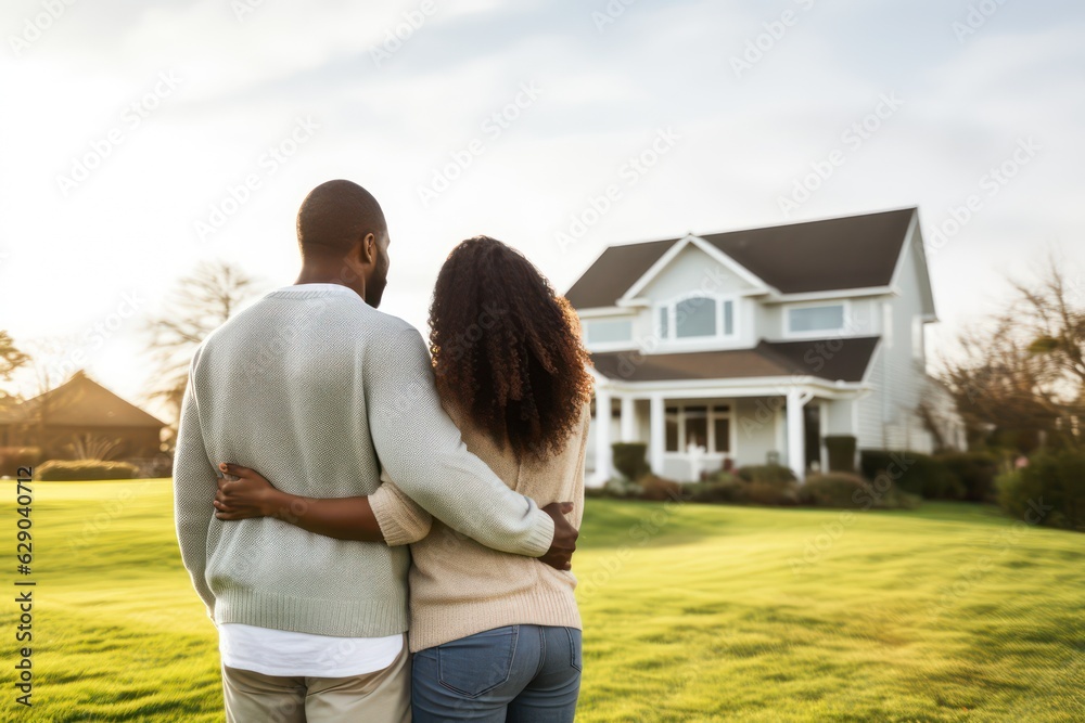 Loving couple looking at their home. Copy space Loving couple looking at their home. Copy space