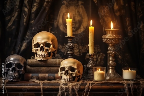 Mystical Halloween still - life background. Skull, candlestick with candles, old fireplace. Horror and witchery.
