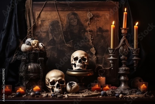 Mystical Halloween still - life background. Skull, candlestick with candles, old fireplace. Horror and witchery.