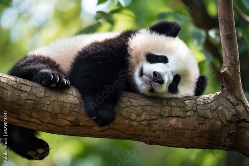 Panda Bear Sleeping on a Tree Branch, China Wildlife.