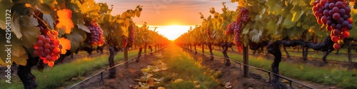 Ripe grapes in vineyard at sunset, Tuscany, Italy. wide banner