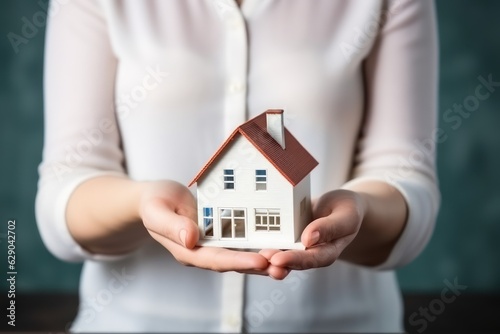 Woman holding white house model in hand. Mortgage loan approval home loan and insurance concept.