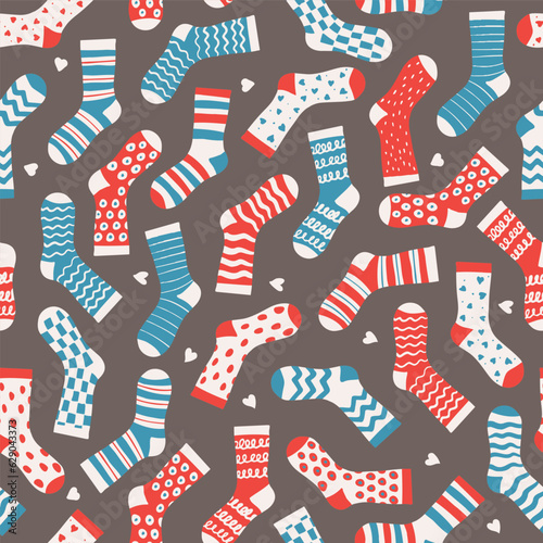 Seamless vector pattern mismatching red and blue socks, textile, scrapbook, packaging, wrapping