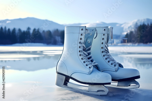 Embrace the winter wonderland as ice skates rest on the frozen lake, creating a serene and magical scene (Generative AI)