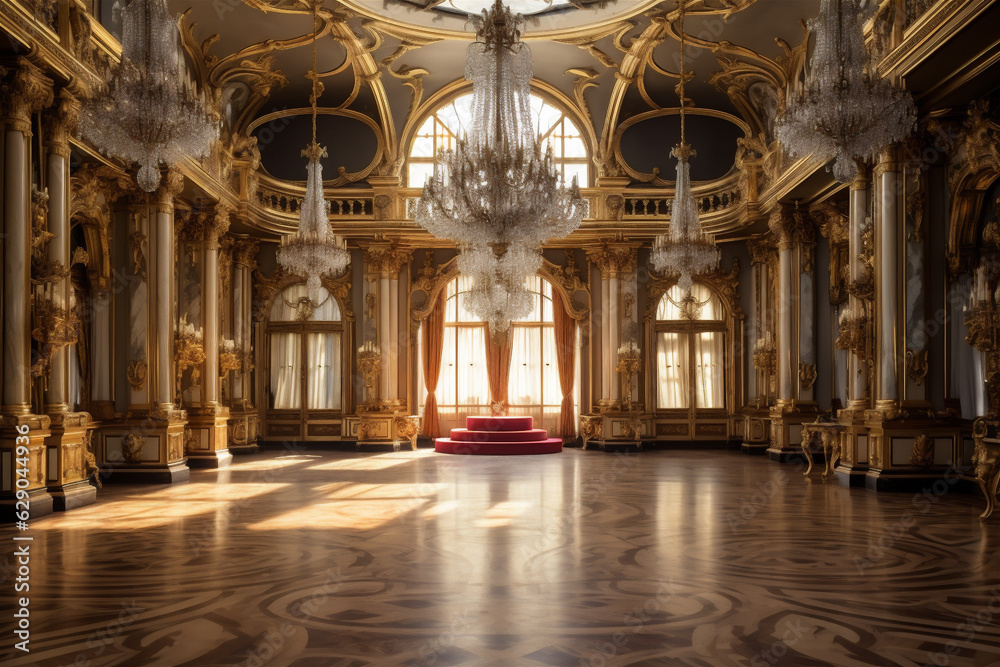 An Extravagant European Ballroom, Palace Styled Room With Large Windows and Natural Lighting, a Chandelier Hanging From the Ceiling, Gold Decorations, Baroque Style Architecture, generative AI