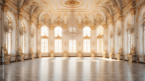 An Extravagant European Ballroom, Palace Styled Room With Large Windows and Natural Lighting, a Chandelier Hanging From the Ceiling, Gold Decorations, Baroque Style Architecture, generative AI