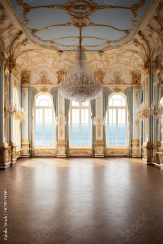 An Extravagant European Ballroom, Palace Styled Room With Large Windows and Natural Lighting, a Chandelier Hanging From the Ceiling, Gold Decorations, Baroque Style Architecture, generative AI © HRTNT Media