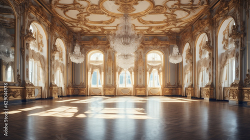 An Extravagant European Ballroom  Palace Styled Room With Large Windows and Natural Lighting  a Chandelier Hanging From the Ceiling  Gold Decorations  Baroque Style Architecture  generative AI