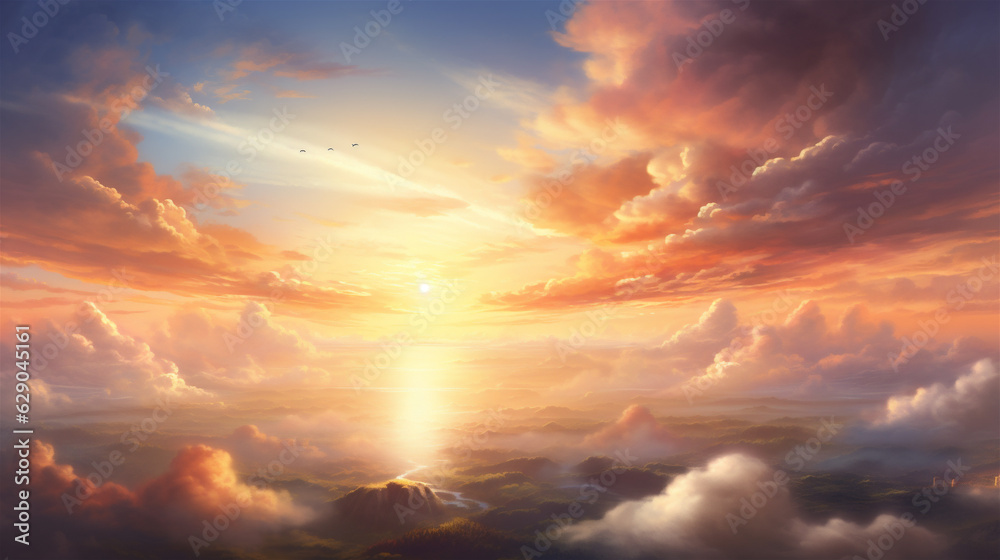 Heavenly Sky, Sunset Above the Clouds Painting, Representing Hope, Divinity, and The Heavens, Generative AI