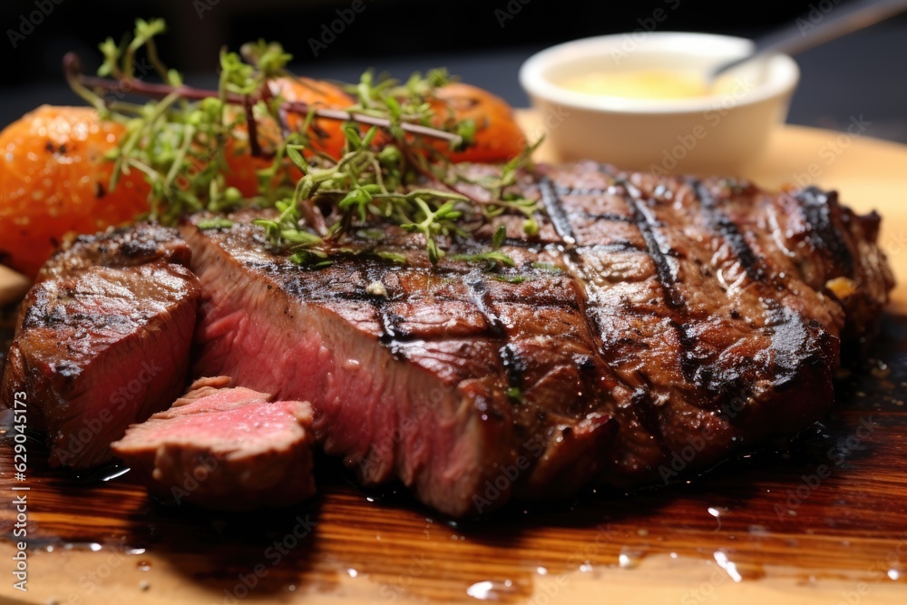 Grilled steak with herbs and sauce served on a wooden board