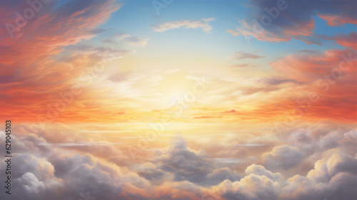 Heavenly Sky, Sunset Above the Clouds Painting, Representing Hope, Divinity, and The Heavens, Generative AI © HRTNT Media